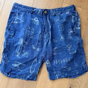 Faherty (Mens 34) PT Coastal 9\" Shorts Linen Cotton Blend Blue Surfboard Print